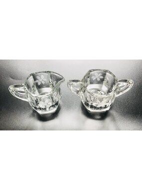 Vintage Creamer Sugar Set Heavy Clear Glass Hexagon Starburst Etched Floral